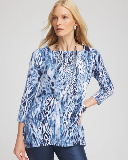 Chico's Animal Print Square Neck Tunic Classic Navy