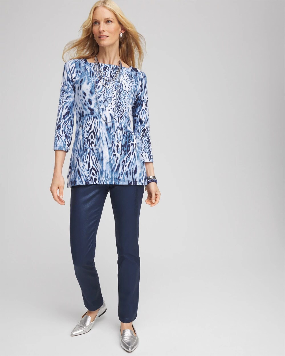 Chico's Animal Print Square Neck Tunic Classic Navy