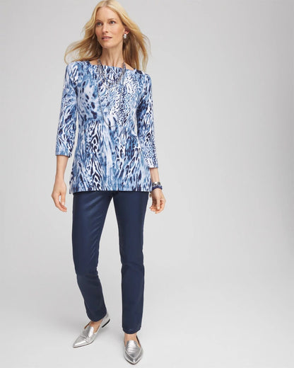Chico's Animal Print Square Neck Tunic Classic Navy
