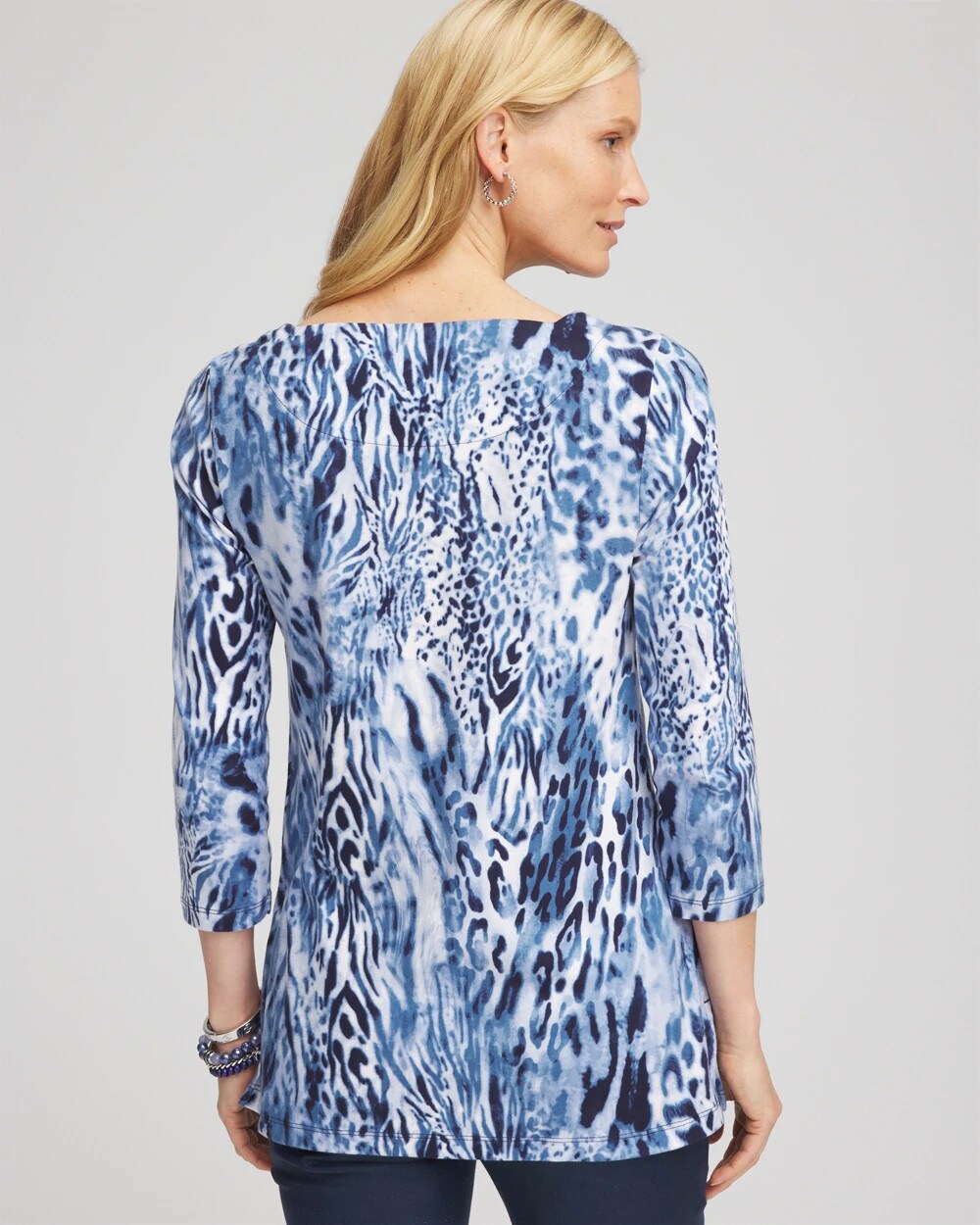 Chico's Animal Print Square Neck Tunic Classic Navy