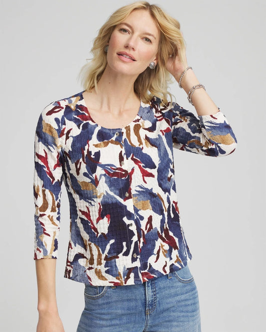 Chico's Printed Textured Scoopneck Cardigan Ecru
