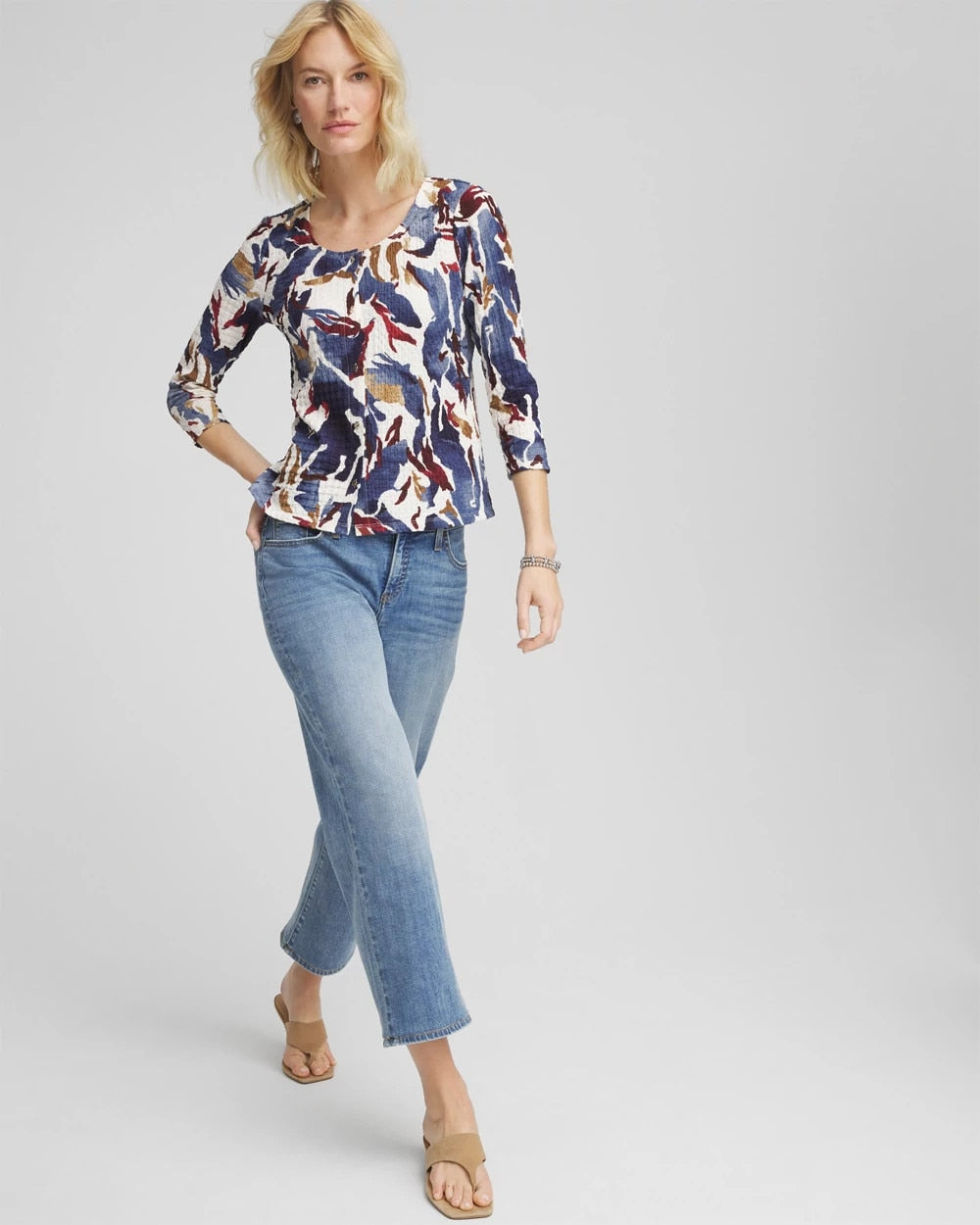 Chico's Printed Textured Scoopneck Cardigan Ecru